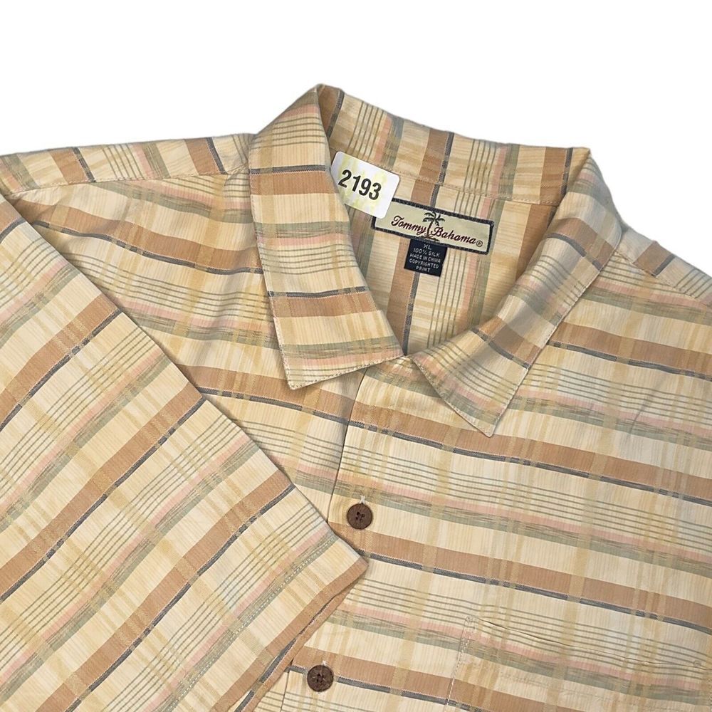Tommy Bahama Mens Short Sleeve Silk Camp Shirt Size XL Beige Check Light Weight
